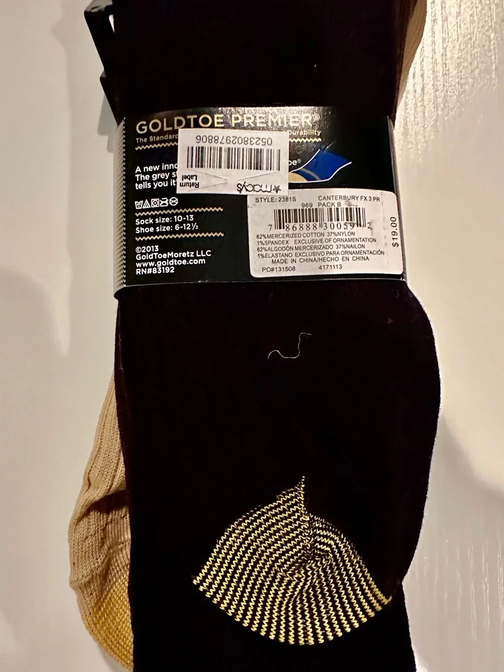 NWT Gold Toe Toe Premier Men's Canterbury Ribbed Socks - Beige & Black